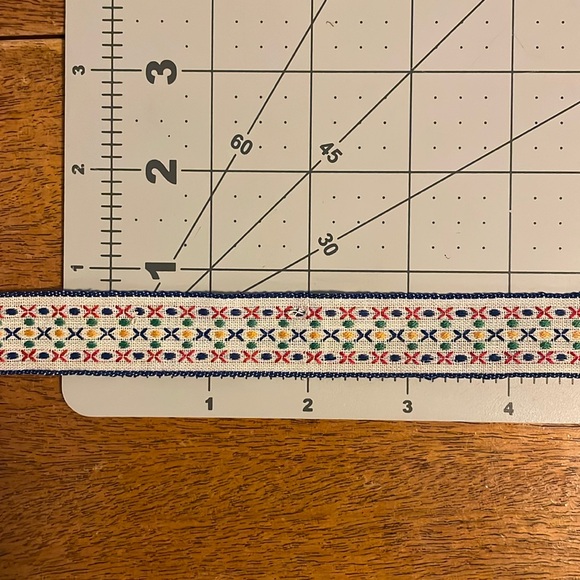 Patterned jacquard trim, beige background, blue edging, colorful crosses & dots - Picture 3 of 4